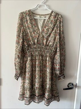 Like new Max Studio Cream Floral V-Neck Smocked Waist Long Sleeve Mini Dress